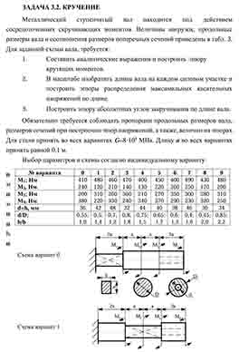 ЗАДАЧА 3.2. КРУЧЕНИЕ
Металлический ступенчатый вал находится под действием сосредоточенных скручивающих моментов. Величины нагрузок, продольные размеры вала и соотношения размеров поперечных сечени...
ЗАДАЧА 3.2. КРУЧЕНИЕ
Металлический ступенчатый вал находится под действием сосредоточенных скручивающих моментов. Величины нагрузок, продольные раз...